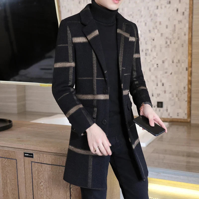 Korean Fashion Woolen Coat Men's Mid-Length Slim-Fit Trench Youth Business Casual 2023 Autumn Winter New Style