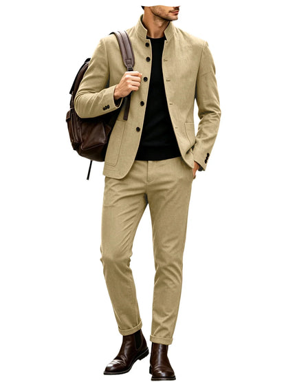 Men Stand Collar Linen Blazer Set Slim Fit 2 Pieces Jacket Pants Breathable Wrinkle‑Resistant Vintage Casual Business Outerwear