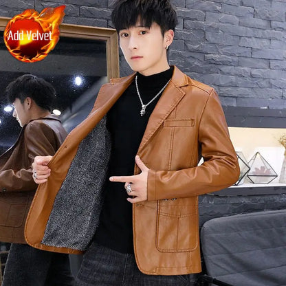 Men's Faux Leather Blazer Jacket Autumn Winter Warm Fleece Lined Casual Versatile Outerwear