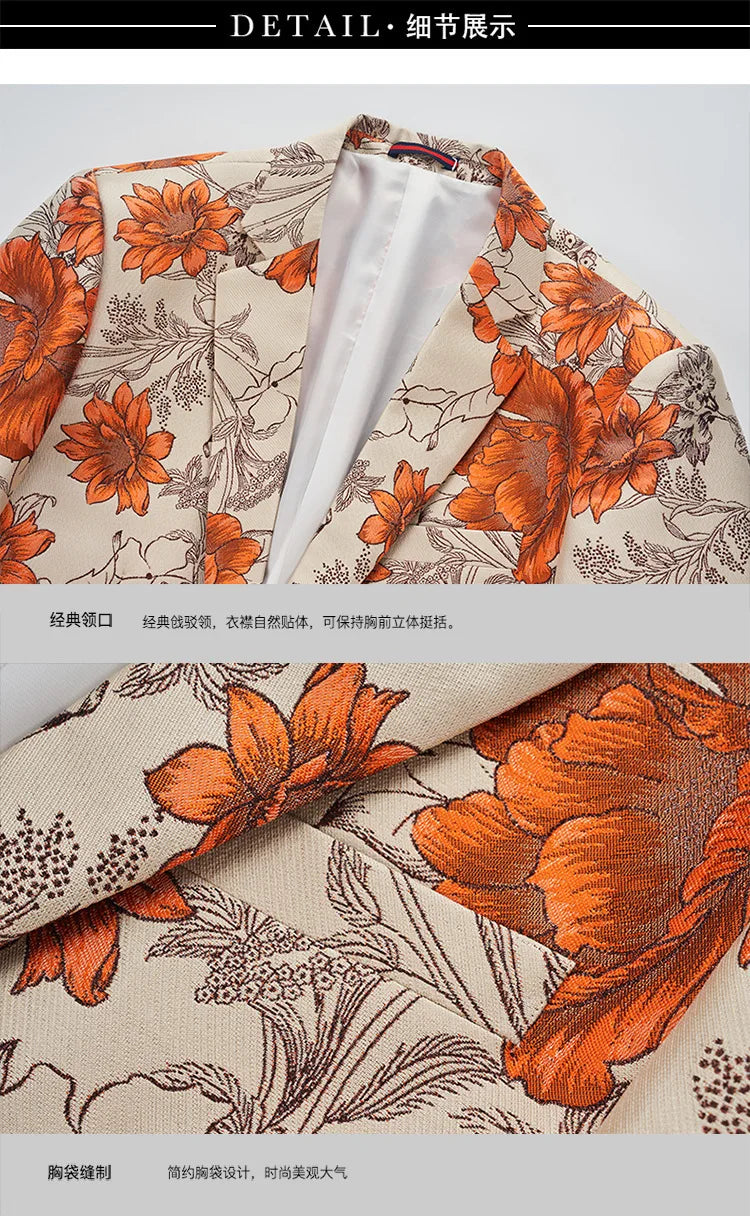 Men Suit 2 Pieces Orange Flower Pattern One Button Business Casual For  Wedding Birthday Party Set Jacket And Pants