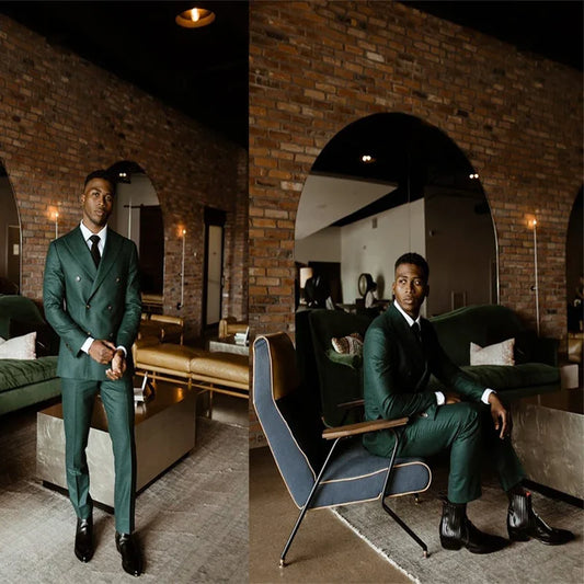 2 Pieces Dark Green Men's Tuxedos Suit Double Breasted Peak Lapel Jacket Pants Set for Business Formal Dinner Wedding Outfits