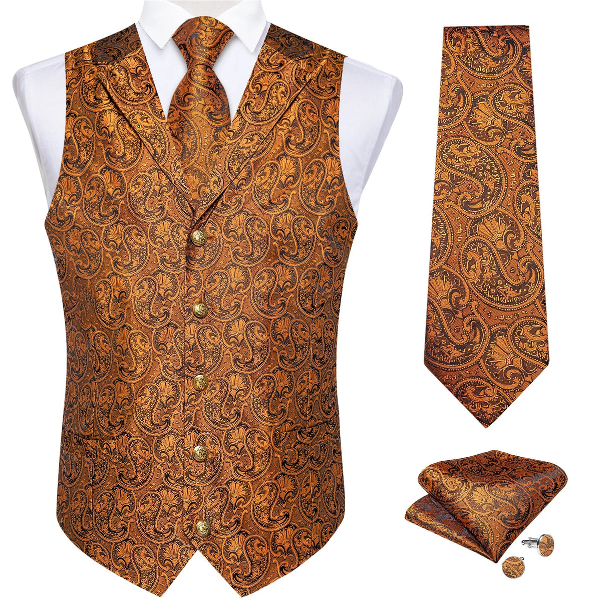 Men's Paisley Suit Vest – Single-Breasted Waistcoat with Tie, Handkerchief & Cufflinks for Weddings & Banquets