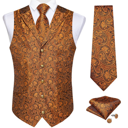 Men's Paisley Suit Vest – Single-Breasted Waistcoat with Tie, Handkerchief & Cufflinks for Weddings & Banquets