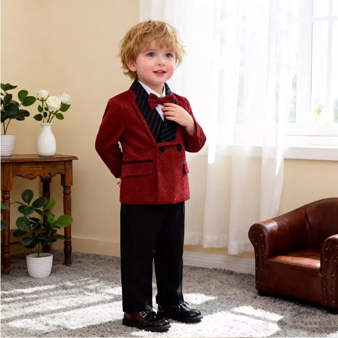 Boys Elegant Silver Suit Set Kids Piano Host Speech Catwalk Performance Costume Children's Wedding Birthday Photogrpahy Outfit