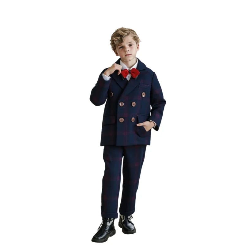 Boys Plaid Double Breasted Tuxedo Set – 4-Piece Formal Suit for Weddings & Special Occasions