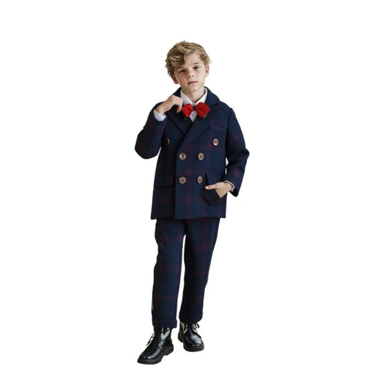 Boys Plaid Double Breasted Tuxedo Set – 4-Piece Formal Suit for Weddings & Special Occasions