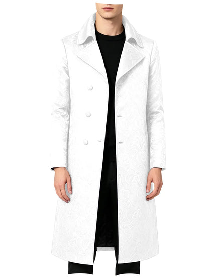 Men Luxury Jacquard Long Trench Coat Lapel Formal Overcoat Outerwear For Wedding Prom Banquet Club Evening Business Stage Party