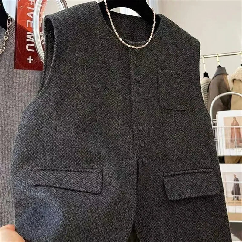 Women O- Neck Woolen Vest Coat European Female Cardigan Cotton Waistcoat Jacket Autumn Ladies Fashion  Sleeveless Tops Outwear