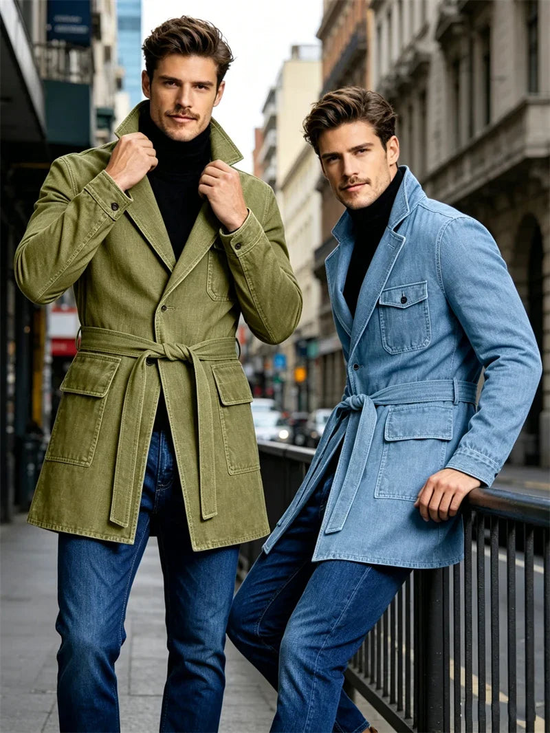 Men's Vintage Mid Length Belted Denim Trench Coat Notched Lapel Casual Workwear Outerwear Stylish Daily Streetwear Jacket