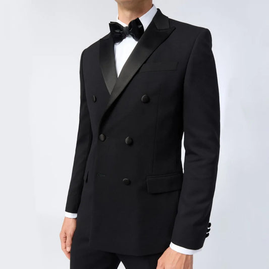 Men Suit 2 Pieces Black Double Button With Bright Lapel For Wedding Groom Banquet Party Prom Business Work Jacket And Pants