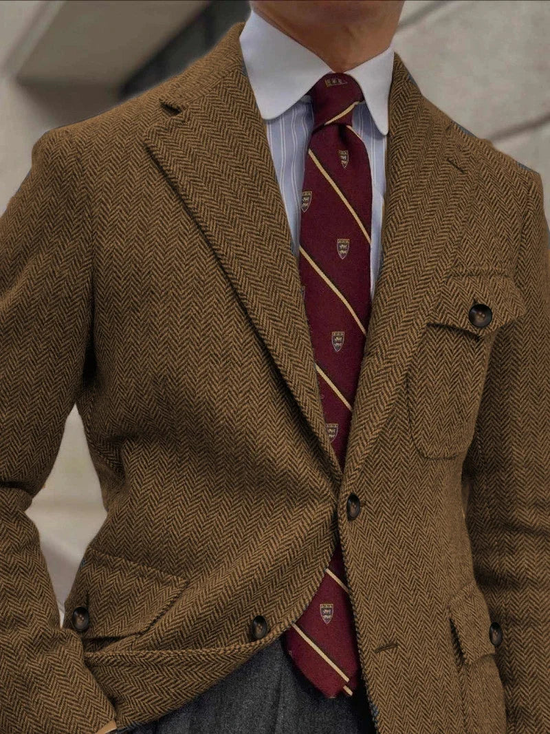 Men's Herringbone Tweed Plaid Blazer Wool Blend Vintage British Gentleman Business Casual Sport Hunting Coat Fit Suit Jacket