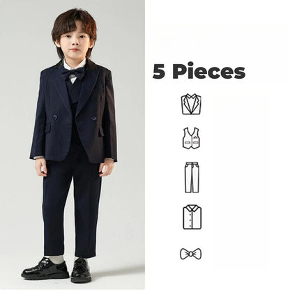Navy Children's Fashionable Suit Set 5 Pieces,Double Breasted Boys Suits For Banquet Party,Kids Tuxedo Performance Wear