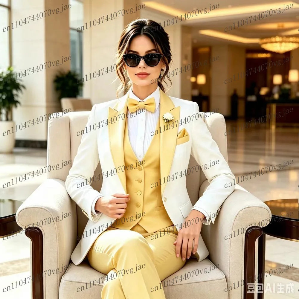 Yellow And White Formal Women Suit Wedding Party Prom Business Ladies Mother Girl Tuxedos 3 Piece Set Blazer Vest Pants