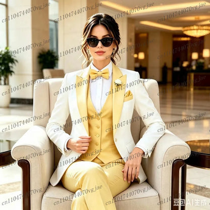 Yellow And White Formal Women Suit Wedding Party Prom Business Ladies Mother Girl Tuxedos 3 Piece Set Blazer Vest Pants