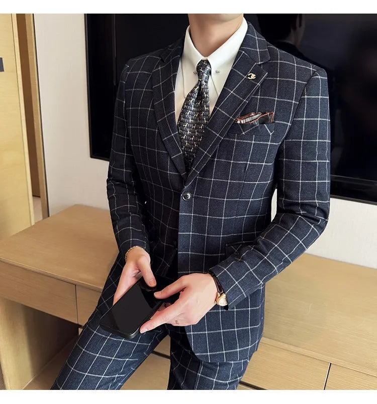 Men's 3-Piece Slim Fit Plaid Suit – Jacket, Vest & Pants for Weddings, Office & Formal Occasions