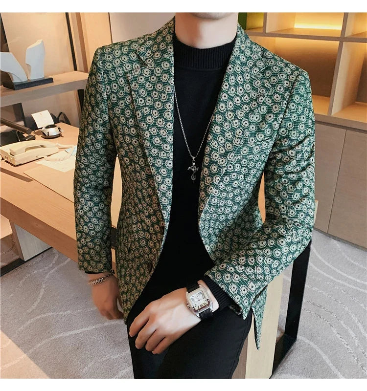 Autumn Winter Corduroy Flower Blazers Men Slim Fit Casual Suit Jacket Casual Suit Jacket Wedding Business Dress Coat Streetwear