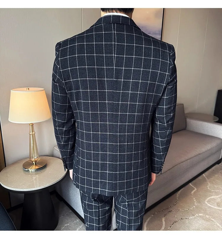 Men's 3-Piece Slim Fit Plaid Suit – Jacket, Vest & Pants for Weddings, Office & Formal Occasions
