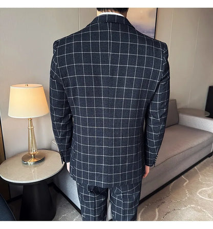 Men's 3-Piece Slim Fit Plaid Suit – Jacket, Vest & Pants for Weddings, Office & Formal Occasions