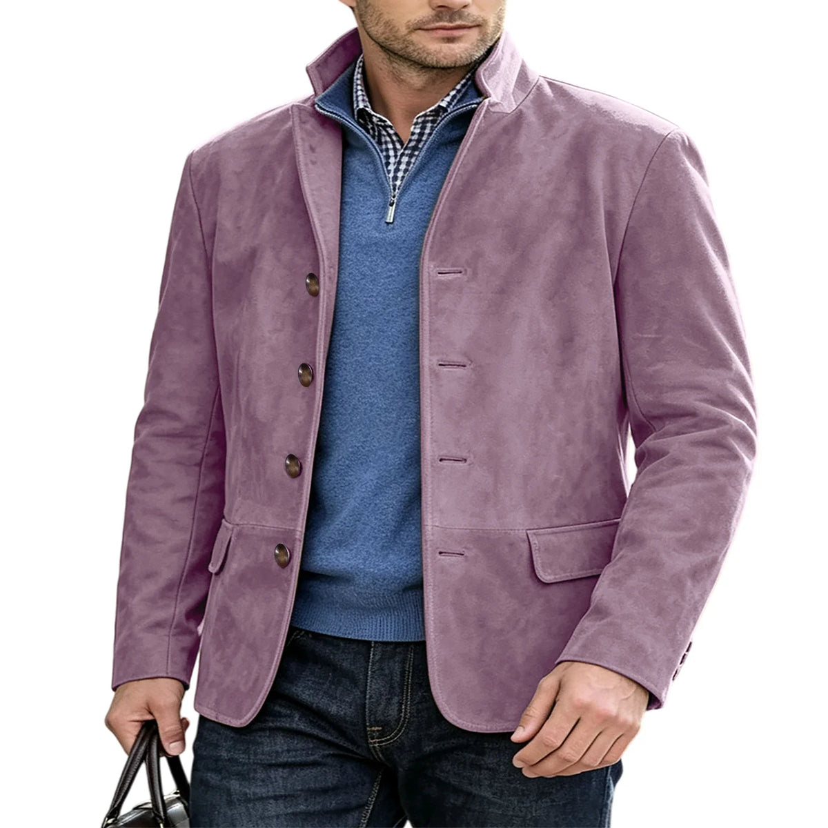 Men's Suede Blazer Single Breasted Slim Fit Classic Stand Collar Suit Jacket for Weddings & Daily Wear