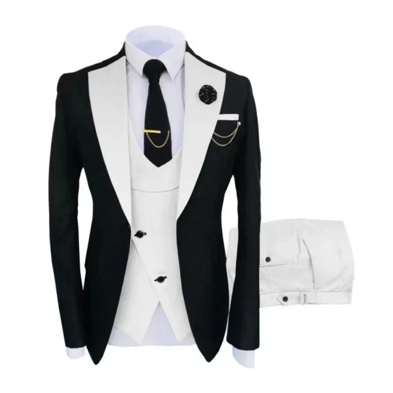 Men Suits 3 Pieces Tailored Best Man Groom Wedding Tuxedo Slim Fit Jacquard Two-color Blazer Jacket  Vest Pants Tuxedo Clothing