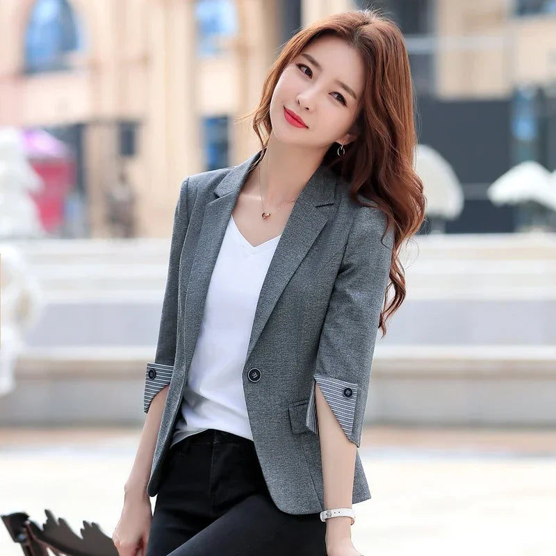 New Autumn Office Lady Solid Color Three Quarter Sleeve Blazer Women Casual One Button Formal Slim Fit Dress Suit Jacket Women