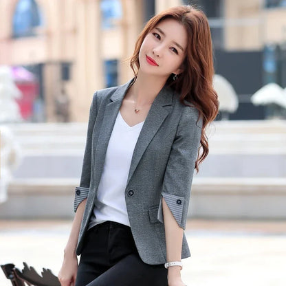 New Autumn Office Lady Solid Color Three Quarter Sleeve Blazer Women Casual One Button Formal Slim Fit Dress Suit Jacket Women