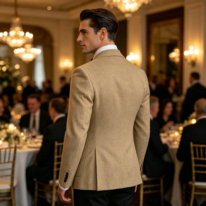 Classic Men Linen Blend Suit Blazer Double Breasted Peak Lapel Man Formal Jacket  Business Slim Fit Lightweight Coat For Wedding