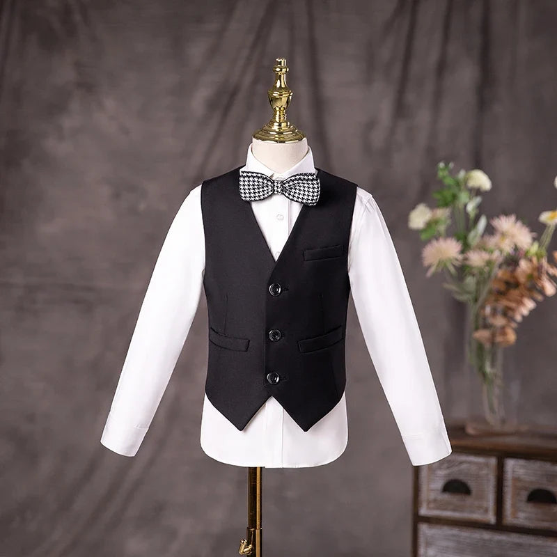 Flower Boys Black Wedding Suit Kids Jakcet Vest Pants 3PC Formal Birthday Set Children Graduation Photograph Performance Costume