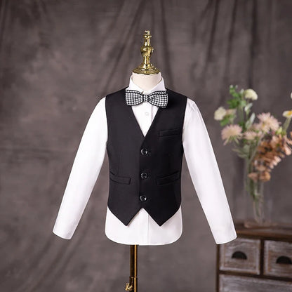 Flower Boys Black Wedding Suit Kids Jakcet Vest Pants 3PC Formal Birthday Set Children Graduation Photograph Performance Costume