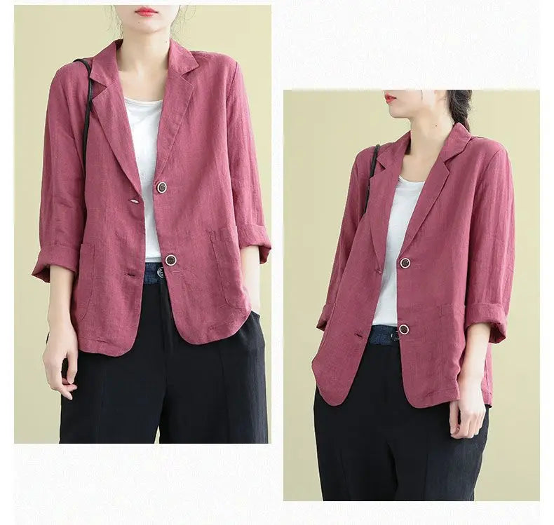 Casual Cotton and Linen Suit Jacket Women 2025 Spring and Summer New Loose solid Long-sleeved Blazer Woman Sunscreen Clothing