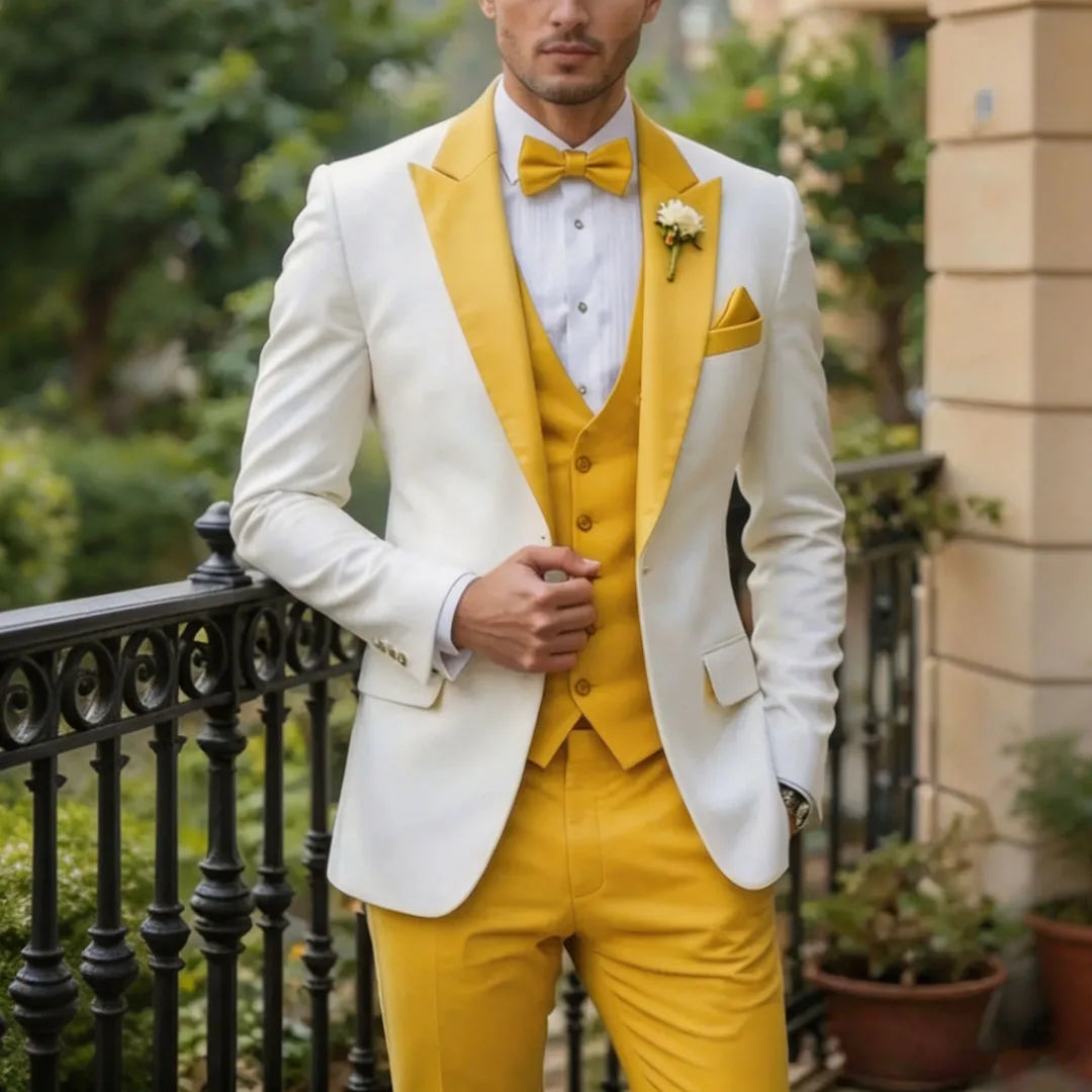 Men Suit Cream 3 Pieces Single Button With Lapel For Wedding Birthday Banquet Party Business Work Office Jacket Vest Pants