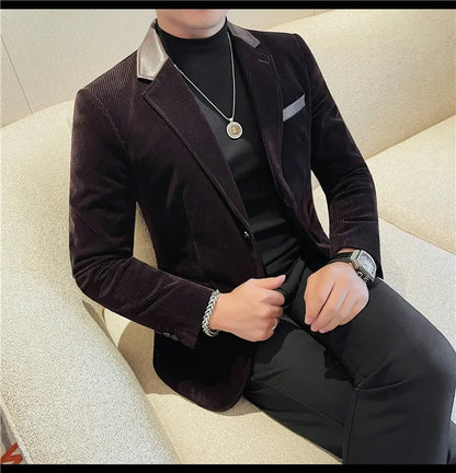 Autumn Winter Corduroy Suit Coat For Men Korean Elegant Slim Fit Business Formal Dress Coats Groom Wedding Tuxedo Suit Jacket
