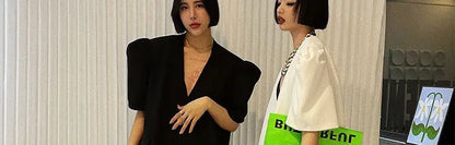 Loose Fit One Button Bubble Sve V Ne Women's Suiting Top Korean Design Summer Casual Versatile Faion Polyester