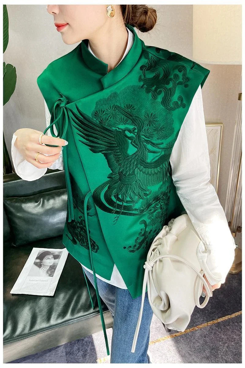 2026 Spring Summer Vintage Embroidery Green Lace Chinese Vest Jacket Chinese Style Waistcoats Outerwear Female Sleeveless Jacket