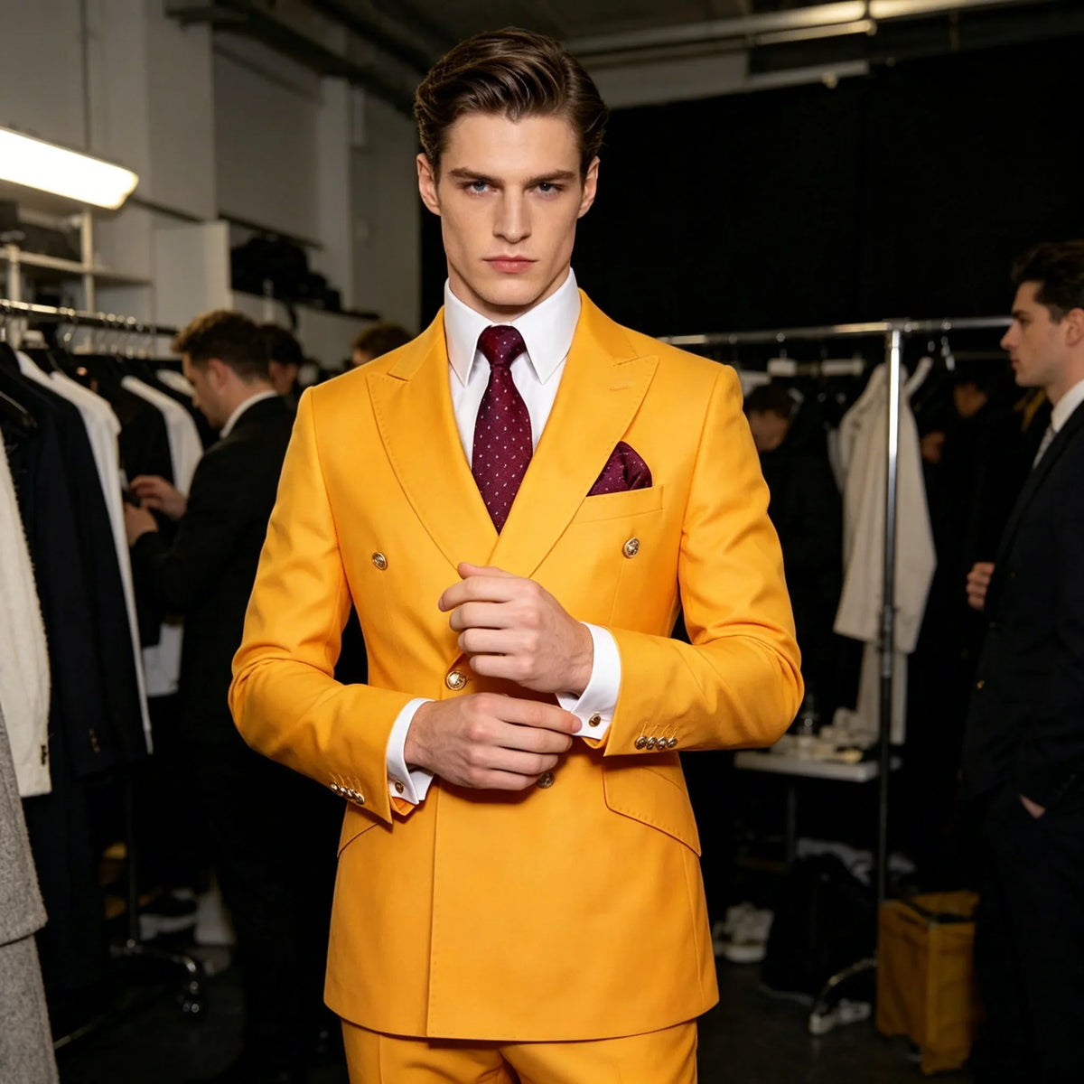 Men's Serge Suit 2 Piece Double Breasted Slim Fit Peak Lapel Gold Button High Quality Formal Blazer Pants Formal Business Weddin