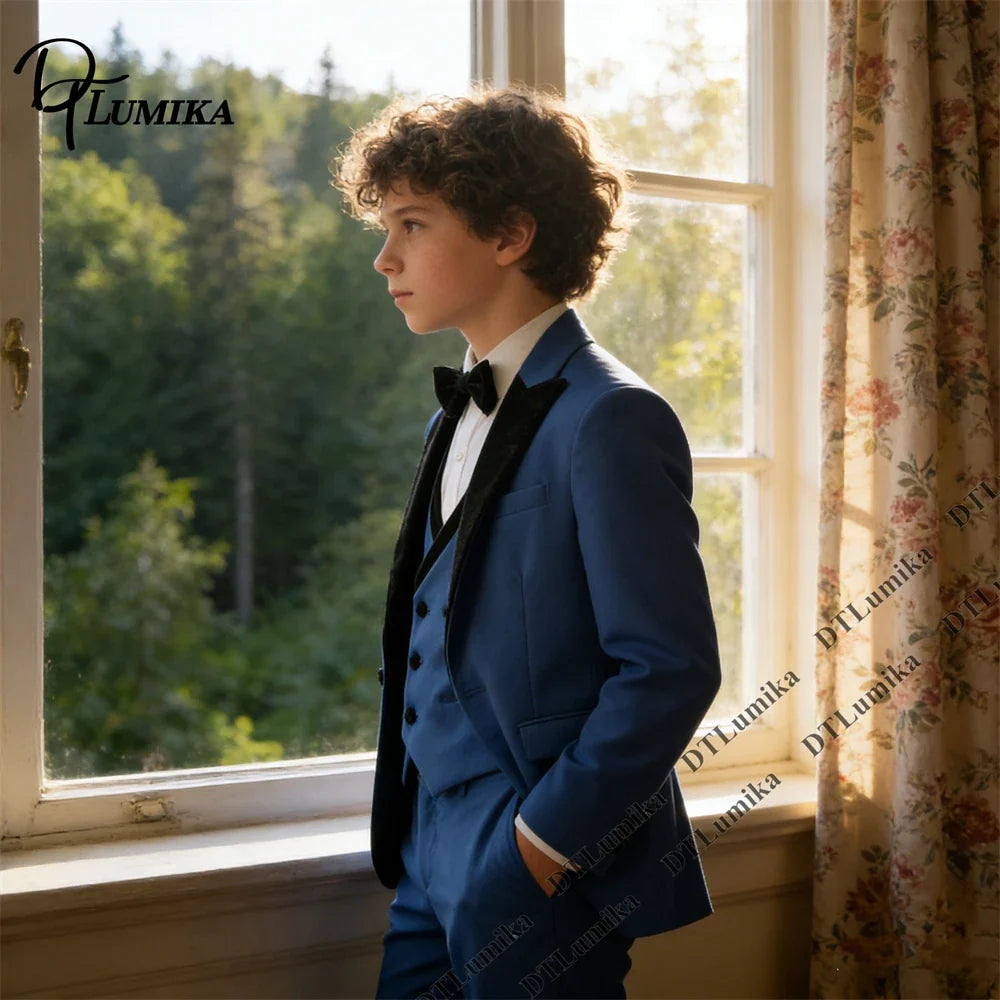 Boys Three-Piece Formal Suit Set with Velvet Collar for Weddings & Special Occasions