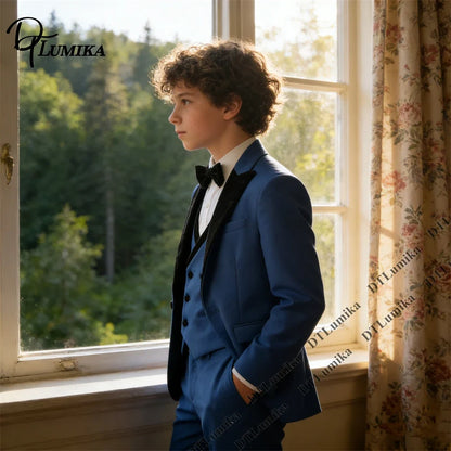 Boys 3-Piece Suit Set with Velvet Lapel — Kids Formal Blazer, Vest & Pants for Weddings & Special Occasions