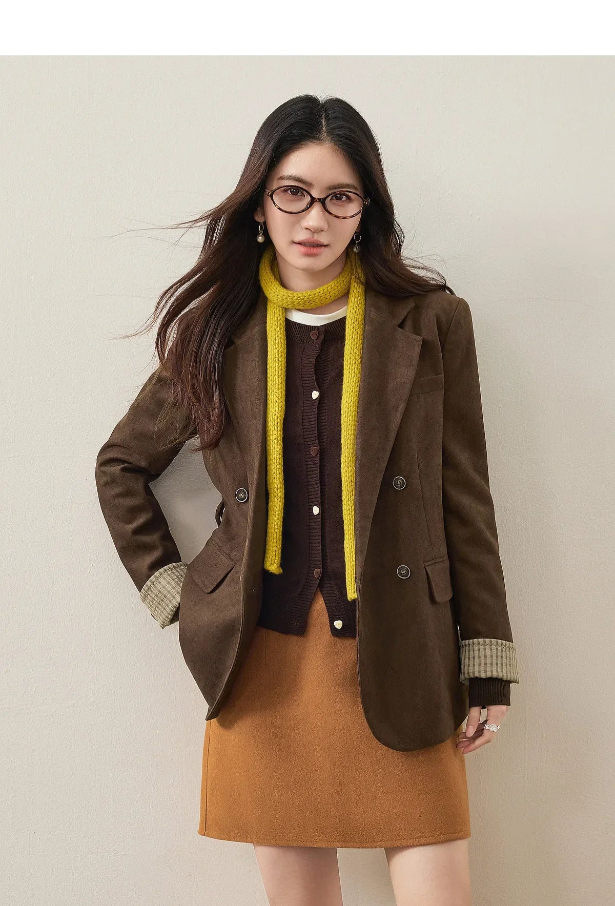 Women's Suede Casual Blazer Notched Lapel Loose Mid Length Outerwear 2026 Autumn New Brown Ladies Coat W63XC8300