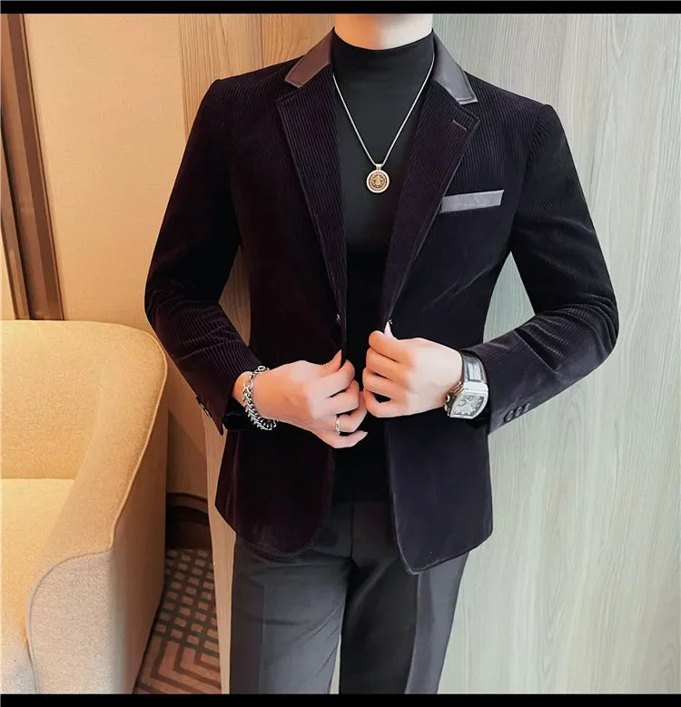 Autumn Winter Corduroy Suit Coat For Men Korean Elegant Slim Fit Business Formal Dress Coats Groom Wedding Tuxedo Suit Jacket