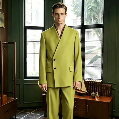Men's 2-Piece Suit No Lapel Cross V-Neck Loose Blazer & Trousers – Wedding & Formal Occasions