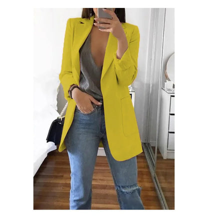Women's Casual Blazer Notched Lapel Long Sleeve Open Jacket with Pockets Slim Fit Spring Autumn Office Lady Streetwear Coat