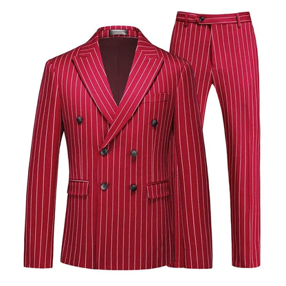 Fashion Men Double Breasted Striped Suit 2 Piece Black / Wine Red Homme Business Social Wedding Party Blazers and Trousers