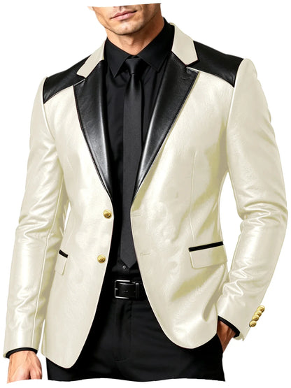 PU Leather Men's Suit Blazer Patchwork Style Wedding Groom Tuxedo Formal Office Prom Jacket High Quality Business Casual Coat