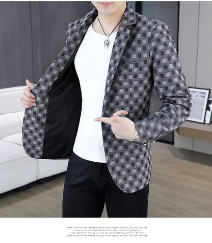 2026 Spring Autumn Men's Suit Jacket Korean Checkered Suit Jackets Slim Fit Fashion Casual Business Formal Blazers Costume Homme
