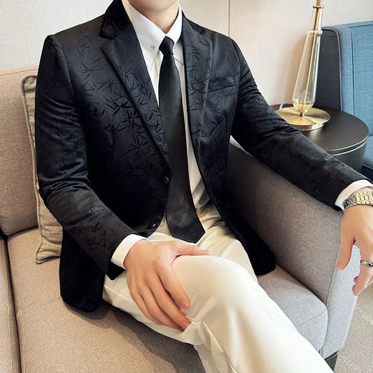 New Fashion Elegant Velvet Jacquard Suits Jacket Men's Slim Fit Business Social Formal Suit  Coats Tailcoat Men Clothing 4XL-M