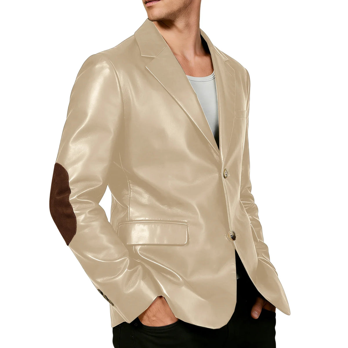 Men's Shiny Leather Blazer with Suede Elbow Patches Slim Fit 2-Button Notch Lapel Suit Jacket Streetwear Casual Party Sport Coat