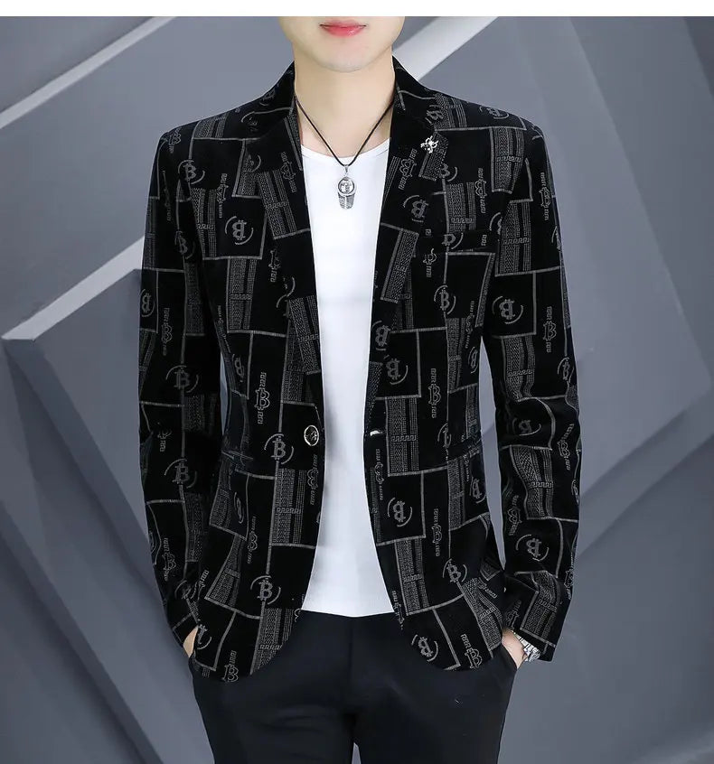 Autumn Luxury Corduroy Suit Jacket for Men Letter Printed Casual Business Men Blazers Slim Fit Social Banquet Party Dress Coats