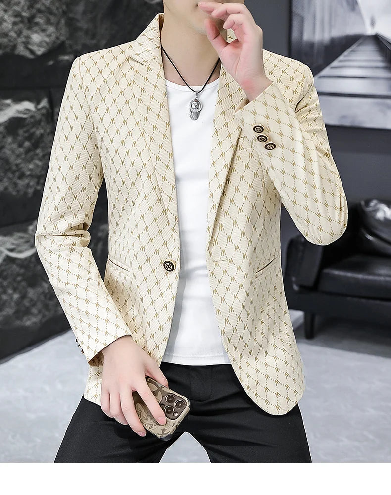 Korean Letter Print Men Blazers Brand 2024 Spring Casual Business Suit Jackets Slim Fit Street Wear Social Jacket Men Clothing