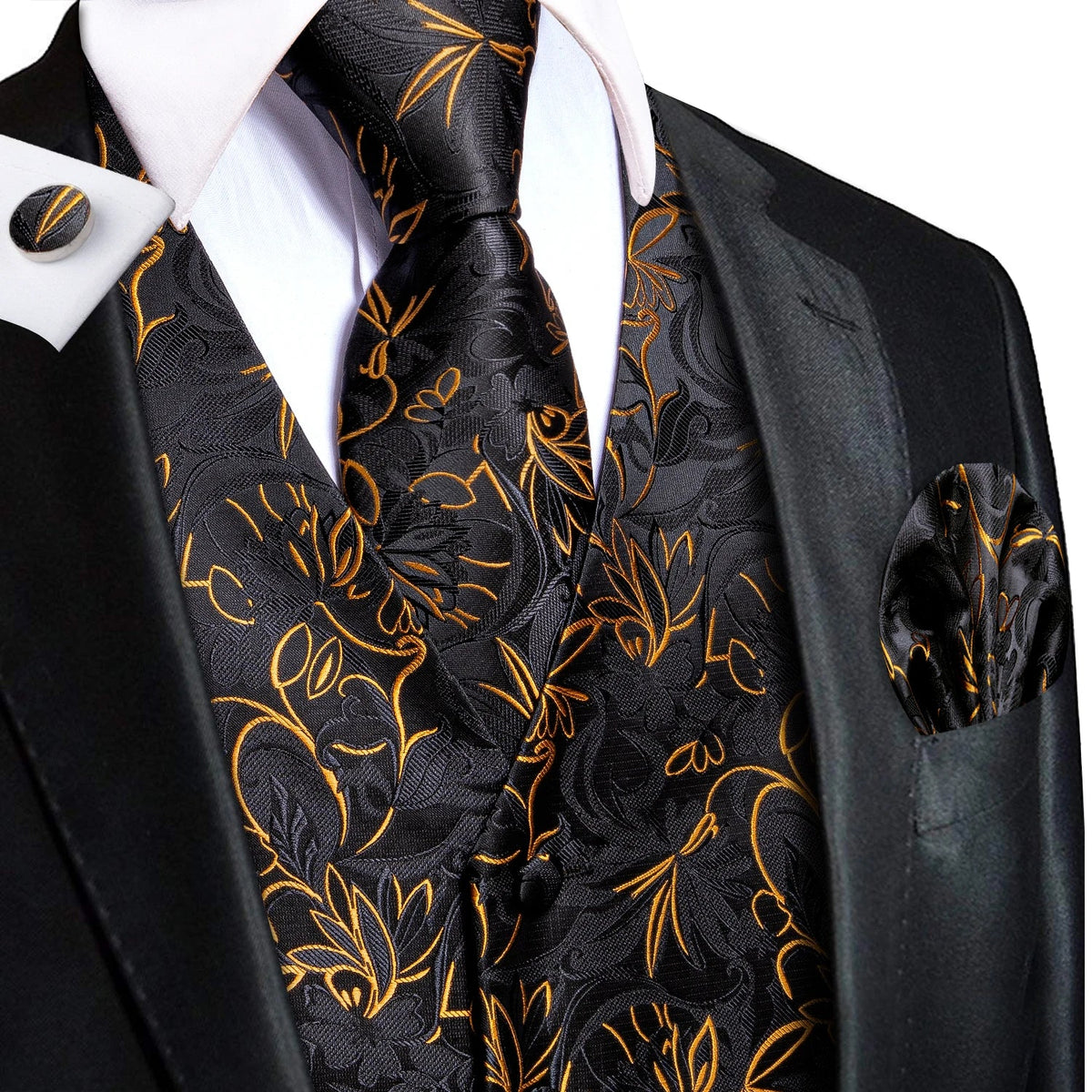 Men's Jacquard Floral Suit Vest Set with Tie Hanky Cufflinks for Wedding & Business