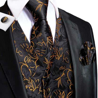 Men's Jacquard Floral Suit Vest Set with Tie Hanky Cufflinks for Wedding & Business